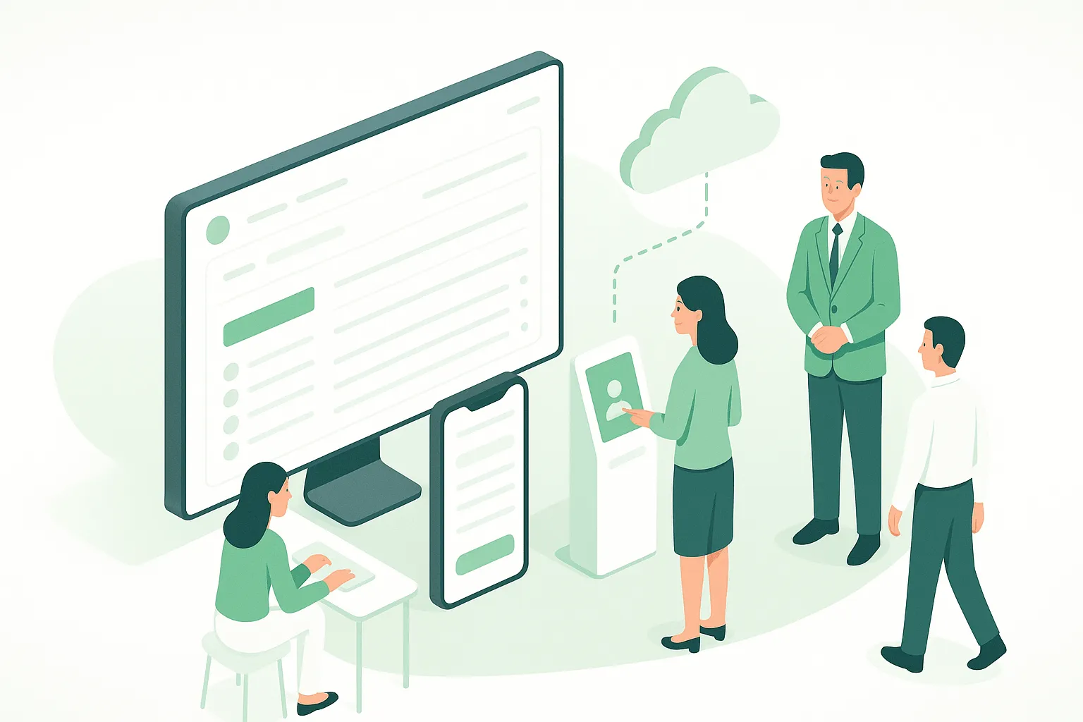 Imagen minimalista que representa la auditoría interna de registro de jornada con Inallow, mostrando datos en varias pantallas en la nube.