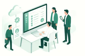 Imagen que representa el control de presencia, mostrando empleados fichando y gráficos de gestión de tiempo.